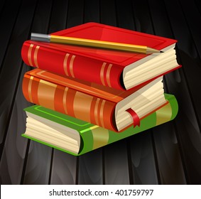 Three books with pencil