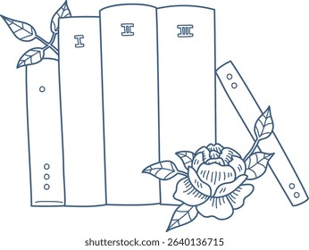 Three books with Roman numerals and a blooming flower are depicted in a clean line style. A floral element and books create an elegant composition. Cartoon vector illustration.