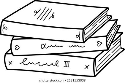 Three books stacked with decorative covers in a hand-drawn style. The illustration shows a pile of books with artistic spine details. Cartoon vector illustration.