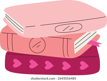Three books stacked with decorative covers and heart patterns in a playful style. A trio of books with unique designs and a ribbon bookmark is depicted. Cartoon vector illustration.