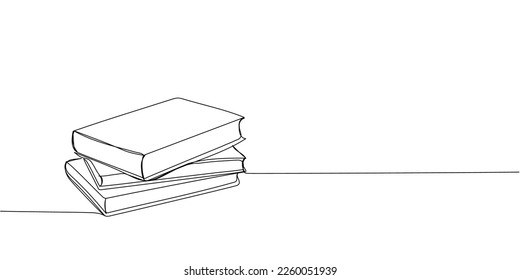 Drei Bücher werden in einer Linie gezeichnet. Kontinuierliche Zeilenzeichnung von Buch, Bibliothek, Bildung, Schule, Studium, Literatur, Papier, Lehrbuch, Wissen, lesen, lernen, Seite, Lesen.