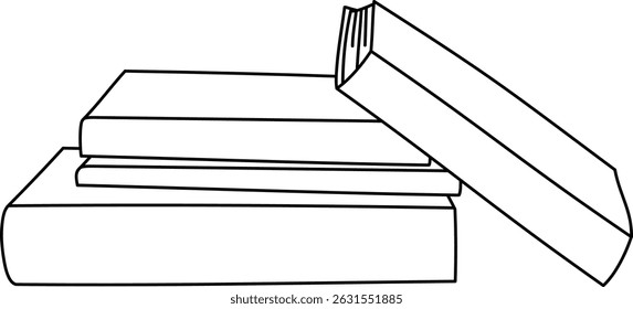 Tres libros apilados con uno abierto en un estilo de arte de línea simple. Un trío de libros con uno abierto en la parte superior representado en contornos limpios. Ilustración vectorial de dibujos animados.