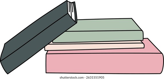 Three books stacked with one open in a flat style. A trio of books, one partially open, drawn with clean lines. Cartoon vector illustration.
