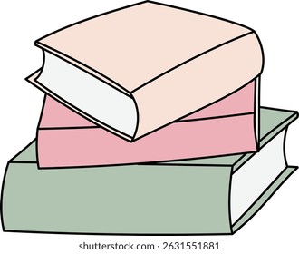 Três livros empilhados com contornos simples e sombreamento suave. Um trio de volumes dispostos em uma pilha limpa com linhas limpas. Ilustração de vetor de desenhos animados.