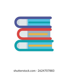 Three books are stacked vertically in flat design style. Features vibrant colors and simplified shapes against black backdrop.