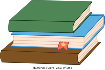 Tres libros apilados con un marcador visible en un estilo de dibujos animados. Un trío de volúmenes de tapa dura ordenados cuidadosamente, con una cinta marcada con una estrella. Ilustración vectorial de dibujos animados.