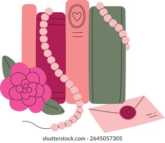Three books stand upright with a flower and beads draped over them in a flat style. An envelope with a heart seal lies beside them. Cartoon vector illustration.