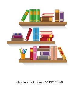 Three bookshelves with different colorful books. Education or bookstore concept. Vector illustration.