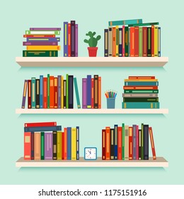 Three bookshelves with favorite books, watches, flowers and pencils. concept of library. vector illustration isolated on a light background