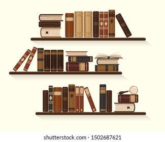 Three bookshelves with old or historical brown books. Vintage vector illustration. 