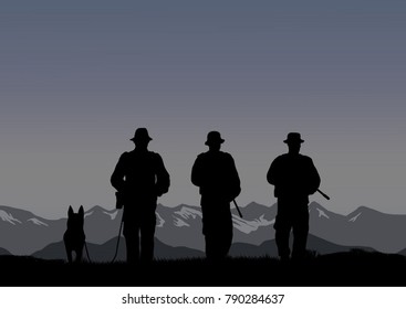 Three border guards with a dog on the border.