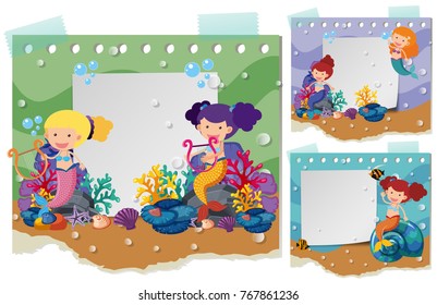Three border templates with mermaids illustration