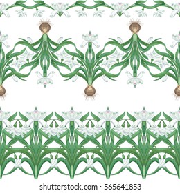 Three borders of bouquets of snowdrop flowers. Vector set. 