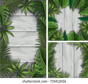 Tres bordes con hojas verdes en la ilustración de la pared gris