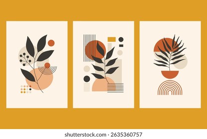 Três estampas botânicas em estilo boho exibem folhas delicadas e formas geométricas. O fundo bege complementa a arte, criando uma estética calmante e moderna.