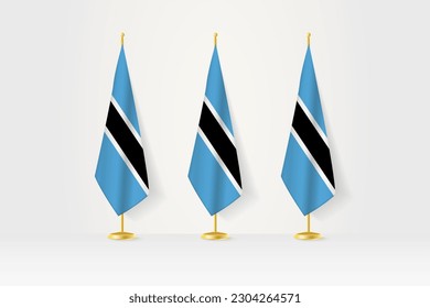 Three Botswana flags in a row on a golden stand, illustration of press conference and other meetings. Vector illustration.
