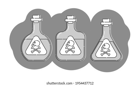 Three bottle of poison with skull in profile on shape background. Dangerous container. Potion beverage medical concept. Chemistry addiction icon. Vector danger symbol. Isolated flat illustration.
