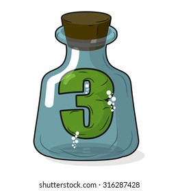 Three in bottle for scientific research. Figure 3 in  magic vessel with a wooden stopper. Laboratory for experiments and tests.