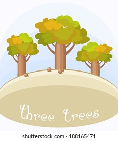 Three Bottle Trees. Illustration with simple landscape of hill and three baobabs. Picture can use for card of poster. Copy space. Vector file is EPS8.