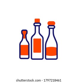 Icono de tres botellas de vino. signo de estilo lineal para concepto móvil y diseño web. Las botellas de bebidas alcohólicas representan un icono vector. Símbolo, ilustración del logotipo. Gráficos vectoriales