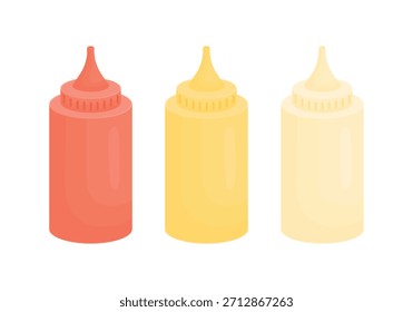 Tres salsas embotelladas sobre un fondo blanco. Ketchup, mostaza y mayonesa para restaurantes de comida rápida. Cocina americana.