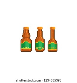 Three bottles of beer. Pixel art. Old school computer graphic. Element design stickers, logo, mobile app, menu. 8 bit video game. Game assets 8-bit sprite. 16-bit.