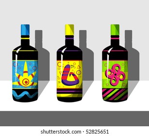 Three bottles with bright color labels casts a shadow