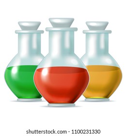 three bottles clogged in them with a multi-colored liquid on a white background