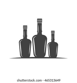Three bottles with cork. Black icon, logo element, flat vector illustration isolated on white background.