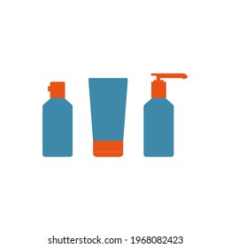 Three bottles for cosmetics, color silhouette isolated on white background. Cream with dispenser and spray bottle. Vector illustration, flat minimal design, eps 10.