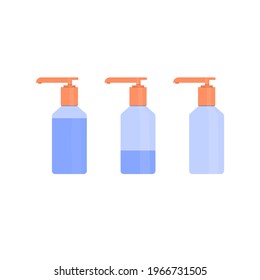 Tres botellas con diferentes grados de llenado. Producto cosmético con concepto de disminución, uso, gasto. Ilustración vectorial, color plano de caricatura diseño mínimo, aislado en fondo blanco, eps 10.