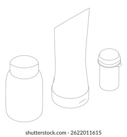 Three bottles of different sizes are shown in a white background. The bottles are placed in a row, with the largest one on the left and the smallest one on the right. Isometric view
