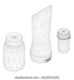 Three bottles of different sizes are shown in a white background. The bottles are placed in a row, with the largest one on the left and the smallest one on the right. Isometric view