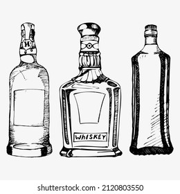 Three bottles drawn by hand. Bottles of whiskey, rum, bourbon. Black-white bottles drawn with pencil. Vector eps illustration.