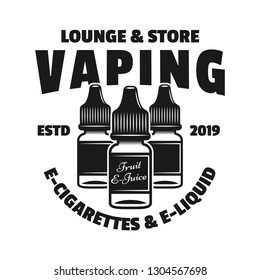 Three bottles with electronic juice for vape vector monochrome emblem, badge, label or logo isolated on white background