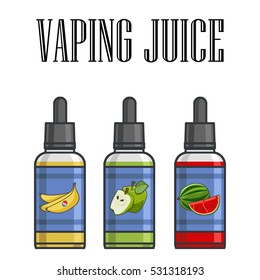 three bottles of e-liquid with fruit flavors, flat design. vaping