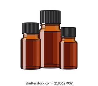 Three bottles of essential oil, made of brown glass, vector illustration on white background