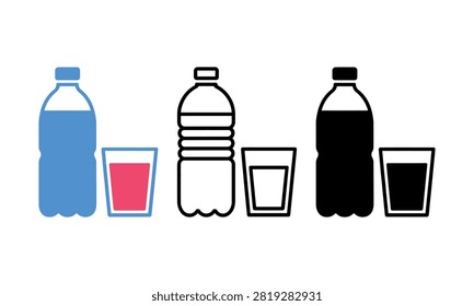 Three bottles with glasses of different colored drinks