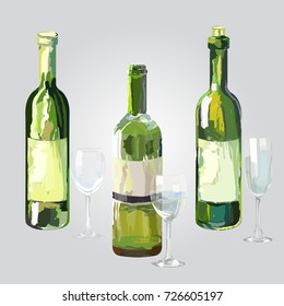 three bottles and glasses of wine - white wine