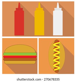 three bottles of mayonnaise, ketchup and mustard. hamburger and hot dog. flat design