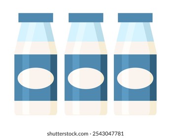 Três garrafas de leite com rótulo azul. Produto láteo fermentado, bebida saudável. Ilustração vetorial