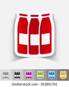 three bottles of milk paper sticker with shadow. Vector illustration