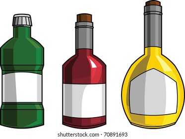 Three bottles (red, green, yellow) vector illustration. Both plastic and glass.