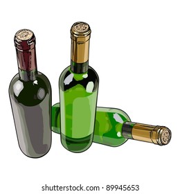 Three bottles with red and white sweet wines without labels