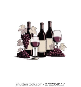 Drei Flaschen Rotwein stehen mit zwei Gläsern gefüllt mit Rotwein und Trauben aus dunklen Trauben.