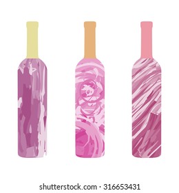 three bottles of rose wine isolated on a white background