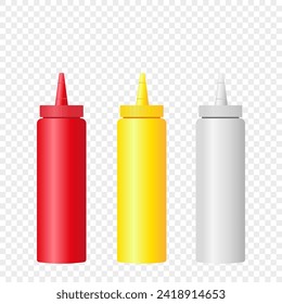 Three bottles of sauces. Ketchup, mustard and mayonnaise on a transparent background. Vector illustration.