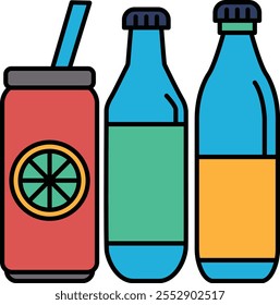 Three bottles of soda and a straw. The bottles are in different colors