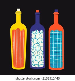 Three bottles, textured drinks on a black background, wine, sangria. Vector illustrations for a wine festival 