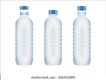 Three bottles of water in relief on a white background with, for the cap, three different positions.